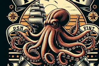 design premium vintage kraken octopus mascot ship logo with t shirt design