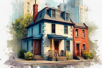 create house and building photo into watercolor art