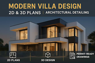 design modern villa elevation with architectural detailing 2d and 3d floor plans