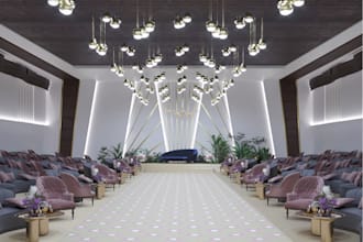render photo realistic event decor, wedding,  conference, auditorium hall, lobby