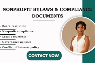 draft nonprofit bylaws, board resolutions, and compliance documents