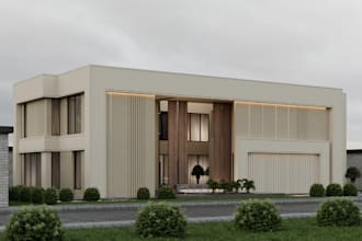remodel 3d modern villa house, facade exterior, front elevation, concrete render