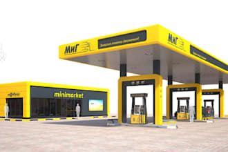 design 3d gas station, fuel station, gas bar, bar, ev, commercial building