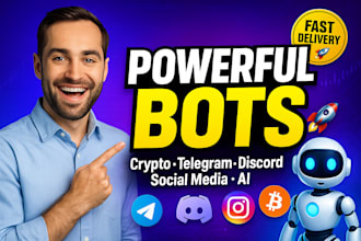 build crypto trading bot, telegram bot, discord bot, social media bot, ai bots