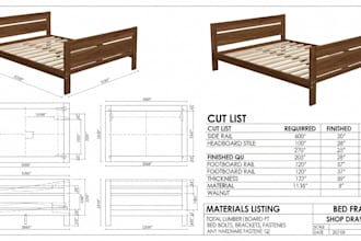 create detailed shop drawings for bed frame with cut lists and materials listing