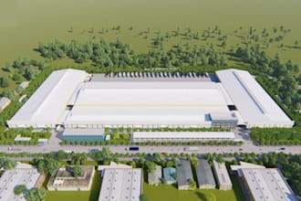 do 3d cgi commercial industrial warehouse, industrial factory animation design