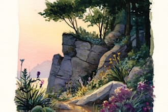paint a watercolor and gouache landscape illustration