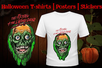 design spooky halloween tshirts, logo, sticker, cartoon, dark illustration art