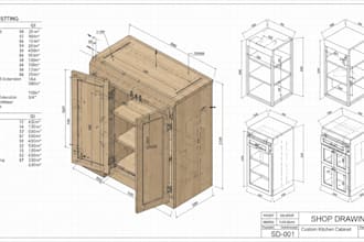 design ikea cabinet, kitchen, shop drawing for bed frame with materials listing