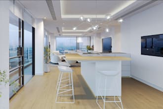 remodel modern apartment render, floor to ceiling windows,cozy small room layout