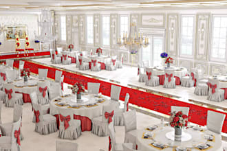 event hall space, wedding stage design, banquet render, conference, bar, setup