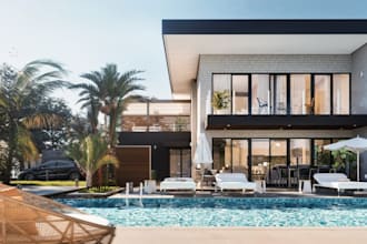 create 3d architectural design for beach house, restaurant, bistro, cafe, coffee