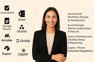 smartsheet workflows, dashboards, excel google sheets automation, asana monday