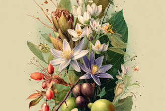 draw digital botanical illustrations of florals, plants