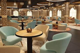 turn 2d cad to 3d restaurant modeling, render cafe shop, rooftop, bakery design