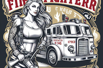 design high quality firefighter bus mascot logo with t shirt design