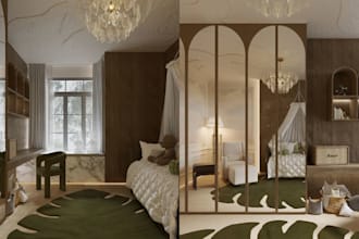 design a kids bedroom interior with 2d and 3d renderings