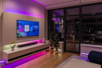 minimalist living room,cozy interiors design, TV wall unit,led lighting, 3ds max