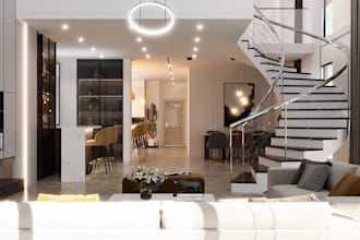 model luxury apartment interior open living spaces with marble bar dining area