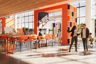 render 3d lounge area,food court,game zone,relaxation space,digital layout,cafe