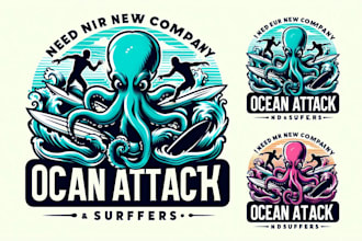 create ocean attack octopus and surfers logo in very short time