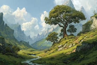 draw isometric fantasy landscape illustration in 2d