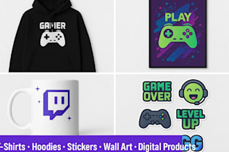 design twitch merch, gaming wall art, digital products for your streaming brand