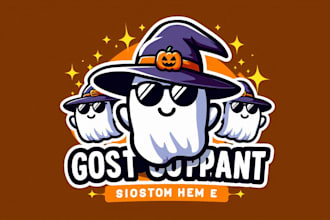 create cute cartoon ghost sunglasses witch hat logo with text with any file