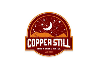 design suitable copper still moonshine grill logo