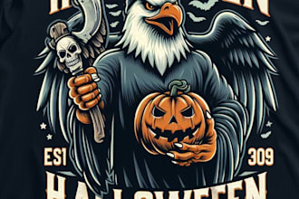 do vintage eagle ghost costume holding halloween mascot logo with t shirt design