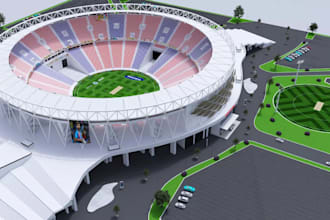 design 3d stadium, golf court, tennis, padel, pickleball 3d basketball rendering