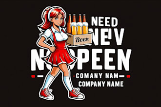 design girl with red hair in dress delivers beer mascot logo in very short time
