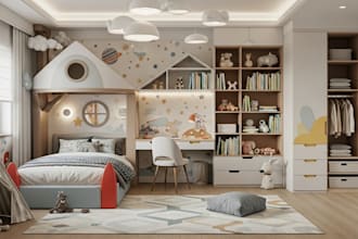 design 3d kids bedroom, playroom, toddler room, nursery, kindergarten, 3d render
