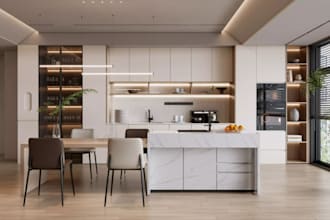 design a 3d modern kitchen, wardrobe, layout, cabinet, pantry 3d rendering, home