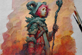 unique fantasy art, watercolor characters scenes