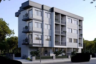 model modern apartment building,exterior design,realistic render,rooftop garden