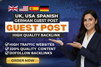 publish spanish, german, UK, USA guest post backlink on high da premium blog