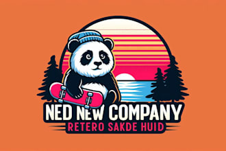 design retro panda skateboard sunset mascot logo with unlimited revision
