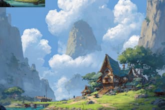 illustrate environments, landscapes, board game, concept art