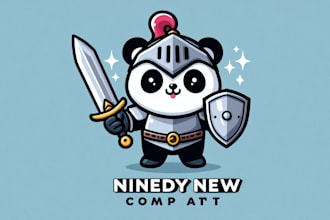 design cute panda knight shield sword cartoon mascot logo unlimited revision