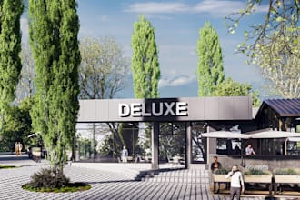 elevate ecofriendly restaurant exterior, interior, dining render,3d pergola bar
