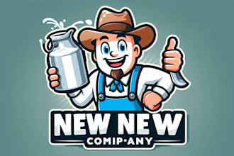 do happy farmer man standing with milk can near mascot logo for your business