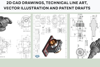 do 2d cad drawings, technical line art, vector illustration and patent drafts
