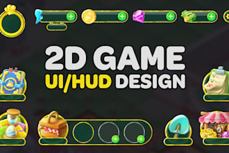 design 2d game UI hud screens, elements and mobile UI kit