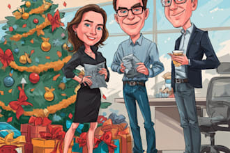 draw your office christmas card, holiday funny cartoon caricature card