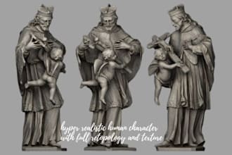 create hyper realistic 3d character sculpt with retopology and texture