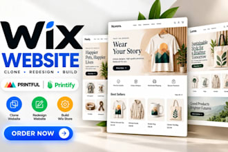 clone, redesign, build a wix website with printful, printify
