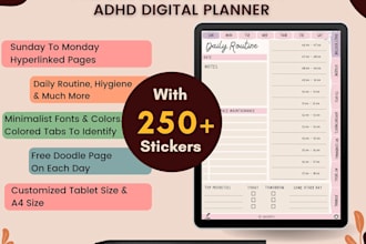 provide adhd planner plus 365 days journal plus 250 digital stickers
