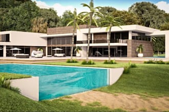 render3d modern beach house,tropical landscape,cgi mountain villa,flat roof home