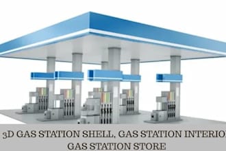 create 3d gas station shell, gas station interior, gas station store